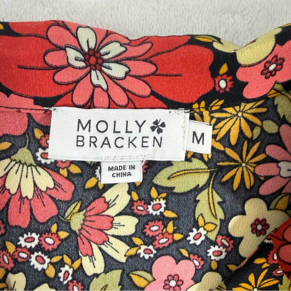 Molly Bracken Button Down Blouse Green Red Floral Print Puff Sleeve Boho - Picture 5 of 9